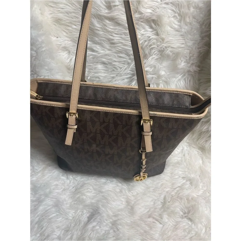 Michael Kors Brown MK Logo Tote with leather Beige Trim& straps